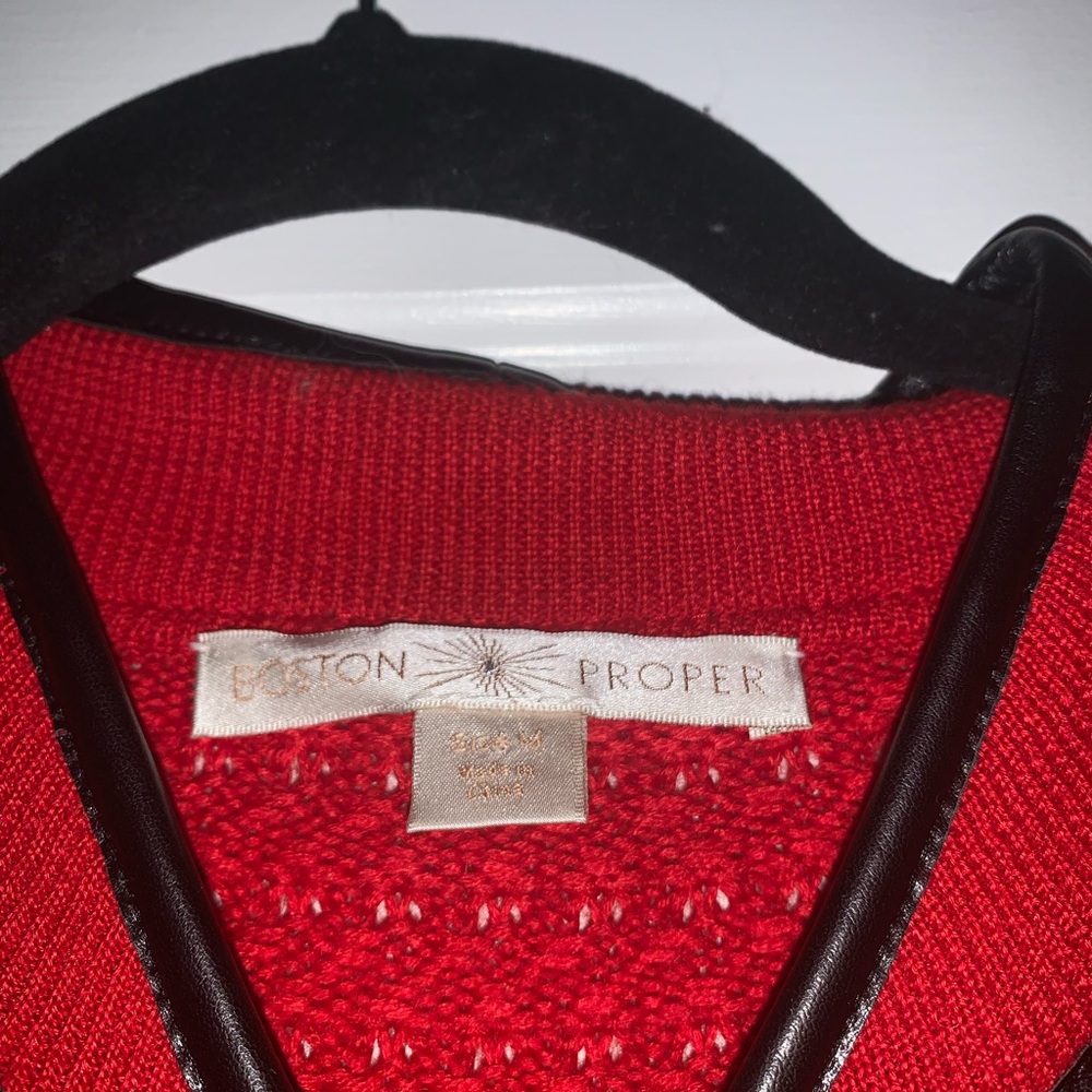 Boston Proper Red Sweater Cardigan with Faux Leather Black Trim - Picture 3 of 6